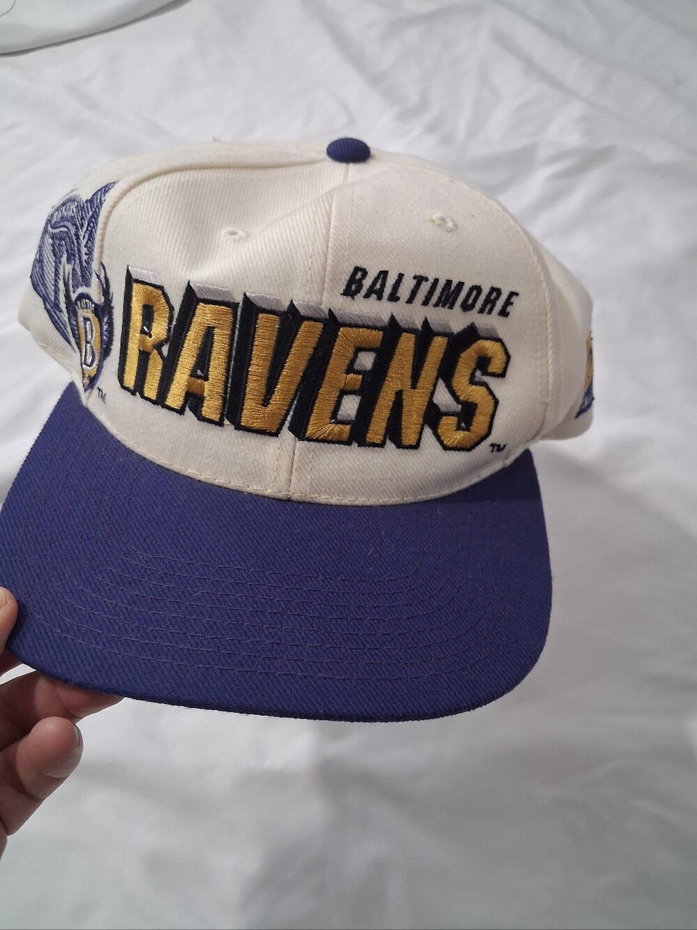 Vintage 90's Baltimore Ravens NFL White and Purple Logo Snapback Hat